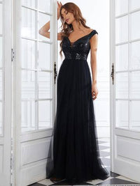 Off Shoulder Tulle & Sequin Sleeveless Evening Dress Dresses Luxurious Weddings