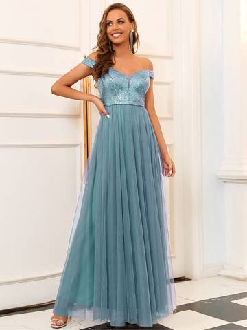 Off Shoulder Tulle & Sequin Sleeveless Evening Dress Dresses Luxurious Weddings