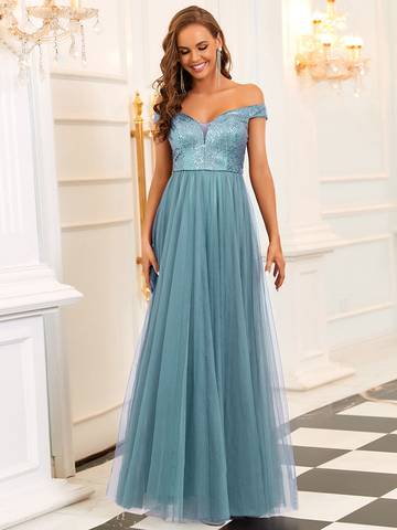 Off Shoulder Tulle & Sequin Sleeveless Evening Dress Dresses Luxurious Weddings