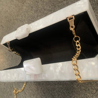 Mrs Letter Evening Bag, white marble bridal clutch with gold chain, perfect for luxurious weddings and elegant parties.