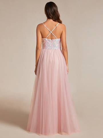 Sequin Tulle Spaghetti Strap High Split Dress Evening Dress Luxurious Weddings
