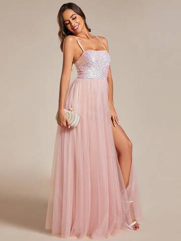 Sequin Tulle Spaghetti Strap High Split Dress Evening Dress Luxurious Weddings
