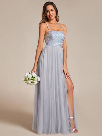 Sequin Tulle Spaghetti Strap High Split Dress Evening Dress Luxurious Weddings