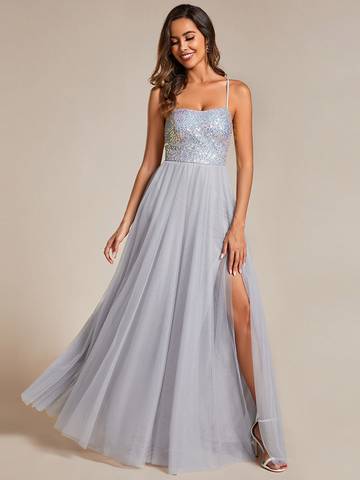Sequin Tulle Spaghetti Strap High Split Dress Evening Dress Luxurious Weddings