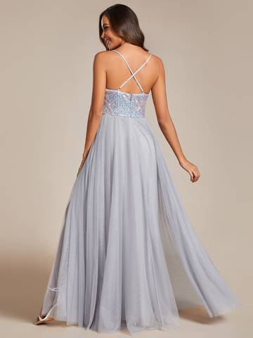 Sequin Tulle Spaghetti Strap High Split Dress Evening Dress Luxurious Weddings