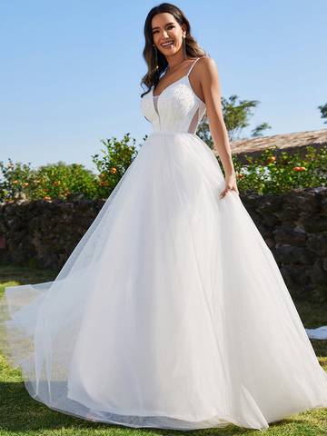Spaghetti Straps Sleeveless Tulle Pearl Beaded Wedding Dress Wedding Dress Luxurious Weddings