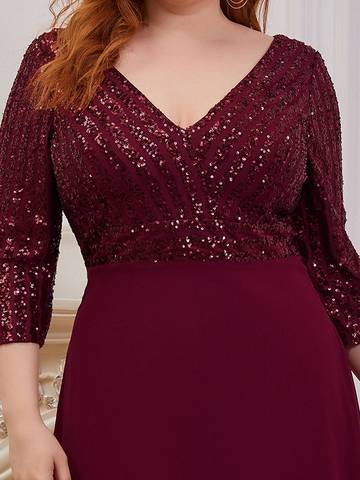 Sexy V Neck A-Line Plus Size Sequin Evening Dress with Sleeve Plus Size Luxurious Weddings
