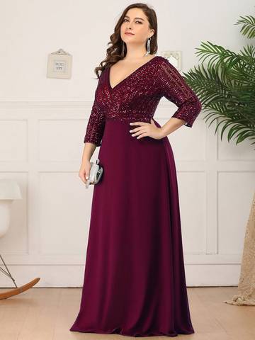Sexy V Neck A-Line Plus Size Sequin Evening Dress with Sleeve Plus Size Luxurious Weddings