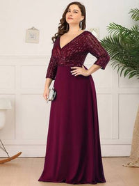 Sexy V Neck A-Line Plus Size Sequin Evening Dress with Sleeve Plus Size Luxurious Weddings