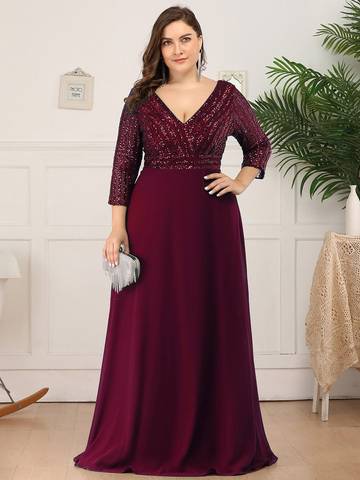 Sexy V Neck A-Line Plus Size Sequin Evening Dress with Sleeve Plus Size Luxurious Weddings