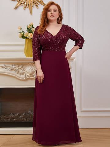 Sexy V Neck A-Line Plus Size Sequin Evening Dress with Sleeve Plus Size Luxurious Weddings