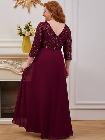 Sexy V Neck A-Line Plus Size Sequin Evening Dress with Sleeve Plus Size Luxurious Weddings