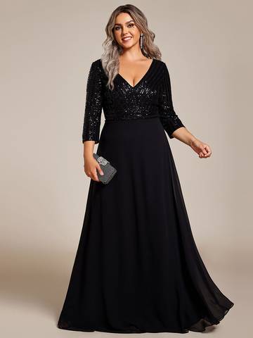 Sexy V Neck A-Line Plus Size Sequin Evening Dress with Sleeve Plus Size Luxurious Weddings