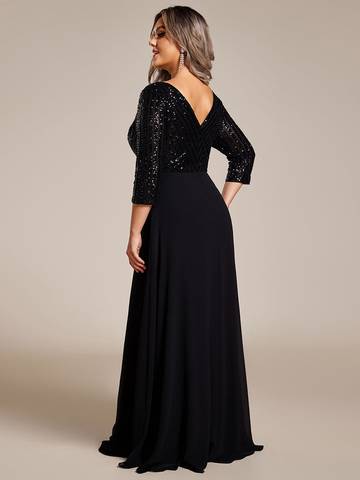 Sexy V Neck A-Line Plus Size Sequin Evening Dress with Sleeve Plus Size Luxurious Weddings