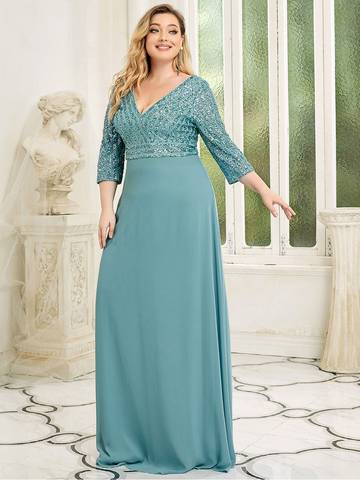Sexy V Neck A-Line Plus Size Sequin Evening Dress with Sleeve Plus Size Luxurious Weddings