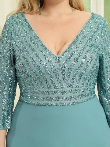 Sexy V Neck A-Line Plus Size Sequin Evening Dress with Sleeve Plus Size Luxurious Weddings