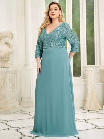 Sexy V Neck A-Line Plus Size Sequin Evening Dress with Sleeve Plus Size Luxurious Weddings