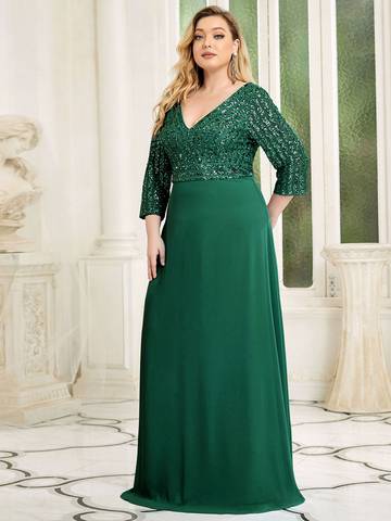 Sexy V Neck A-Line Plus Size Sequin Evening Dress with Sleeve Plus Size Luxurious Weddings