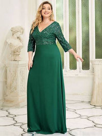 Sexy V Neck A-Line Plus Size Sequin Evening Dress with Sleeve Plus Size Luxurious Weddings