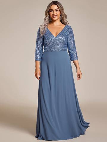 Sexy V Neck A-Line Plus Size Sequin Evening Dress with Sleeve Plus Size Luxurious Weddings
