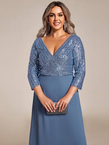 Sexy V Neck A-Line Plus Size Sequin Evening Dress with Sleeve Plus Size Luxurious Weddings