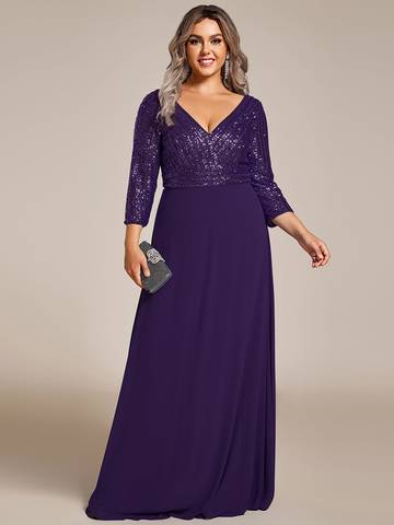 Sexy V Neck A-Line Plus Size Sequin Evening Dress with Sleeve Plus Size Luxurious Weddings