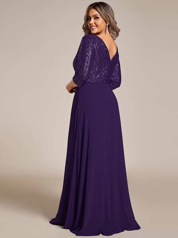 Sexy V Neck A-Line Plus Size Sequin Evening Dress with Sleeve Plus Size Luxurious Weddings