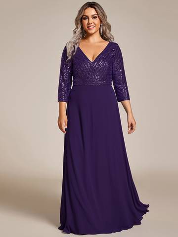 Sexy V Neck A-Line Plus Size Sequin Evening Dress with Sleeve Plus Size Luxurious Weddings