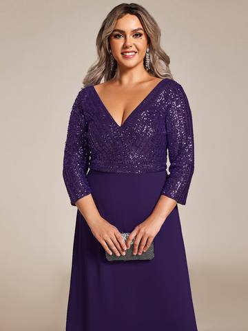 Sexy V Neck A-Line Plus Size Sequin Evening Dress with Sleeve Plus Size Luxurious Weddings