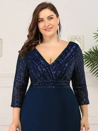 Sexy V Neck A-Line Plus Size Sequin Evening Dress with Sleeve Plus Size Luxurious Weddings