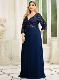 Sexy V Neck A-Line Plus Size Sequin Evening Dress with Sleeve Plus Size Luxurious Weddings