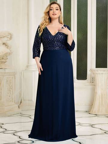 Sexy V Neck A-Line Plus Size Sequin Evening Dress with Sleeve Plus Size Luxurious Weddings