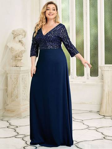 Sexy V Neck A-Line Plus Size Sequin Evening Dress with Sleeve Plus Size Luxurious Weddings