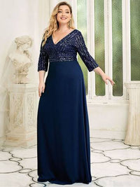 Sexy V Neck A-Line Plus Size Sequin Evening Dress with Sleeve Plus Size Luxurious Weddings