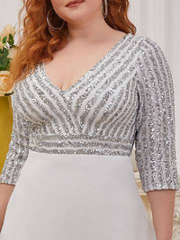 Sexy V Neck A-Line Plus Size Sequin Evening Dress with Sleeve Plus Size Luxurious Weddings