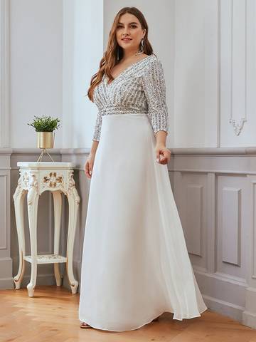 Sexy V Neck A-Line Plus Size Sequin Evening Dress with Sleeve Plus Size Luxurious Weddings