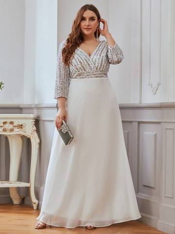 Sexy V Neck A-Line Plus Size Sequin Evening Dress with Sleeve Plus Size Luxurious Weddings