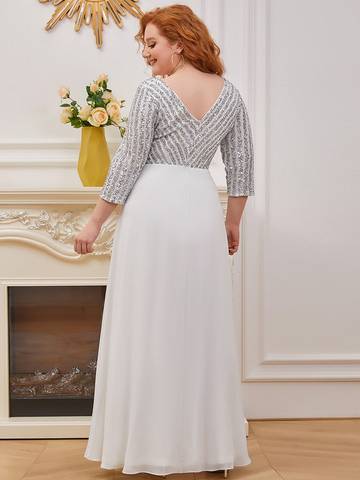 Sexy V Neck A-Line Plus Size Sequin Evening Dress with Sleeve Plus Size Luxurious Weddings