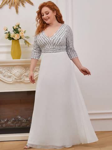 Sexy V Neck A-Line Plus Size Sequin Evening Dress with Sleeve Plus Size Luxurious Weddings