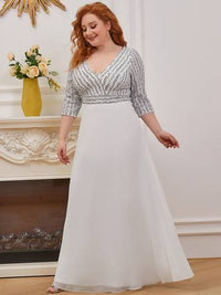 Sexy V Neck A-Line Plus Size Sequin Evening Dress with Sleeve Plus Size Luxurious Weddings