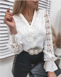 White Lace Long Sleeved V Neck Lace Shirt blouse Luxurious Weddings