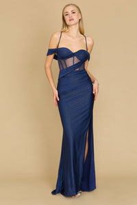 Fitted Corset Off-Shoulder Gown β Glitter Formal Dress with High Slit Maxi Dress Luxurious Weddings