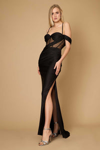 Fitted Corset Off-Shoulder Gown β Glitter Formal Dress with High Slit Maxi Dress Luxurious Weddings