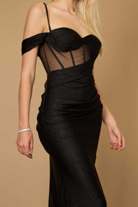 Fitted Corset Off-Shoulder Gown β Glitter Formal Dress with High Slit Maxi Dress Luxurious Weddings