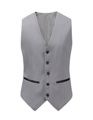 a gray vest with black buttons and a white shirt
