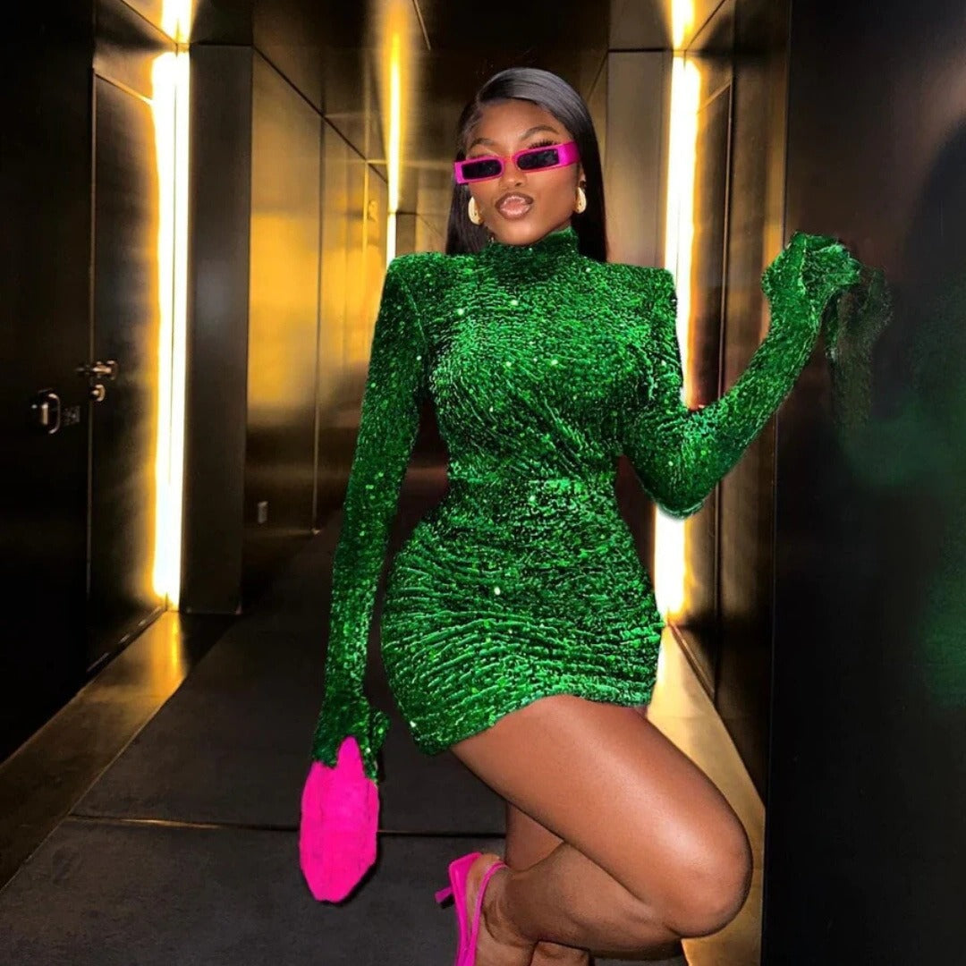 Green sequin velvet sleeve dress sequin dress Luxurious Weddings