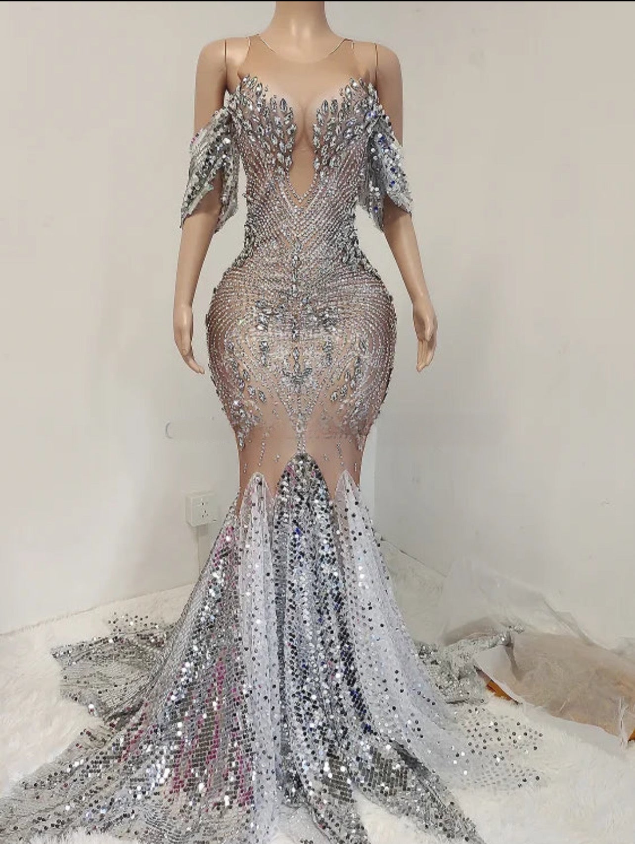 Silver Rhinestone White Sequin Ball Gown Ball Gown Luxurious Weddings