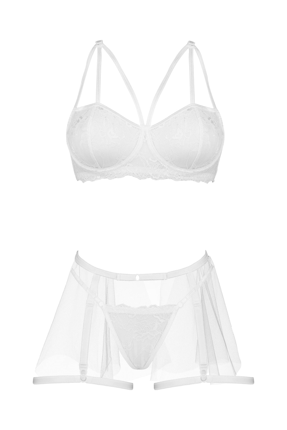 Elegant white lace bra and semi-sheer garter belt from the Beauty Night Peony Set, affordable lingerie in NZ.
