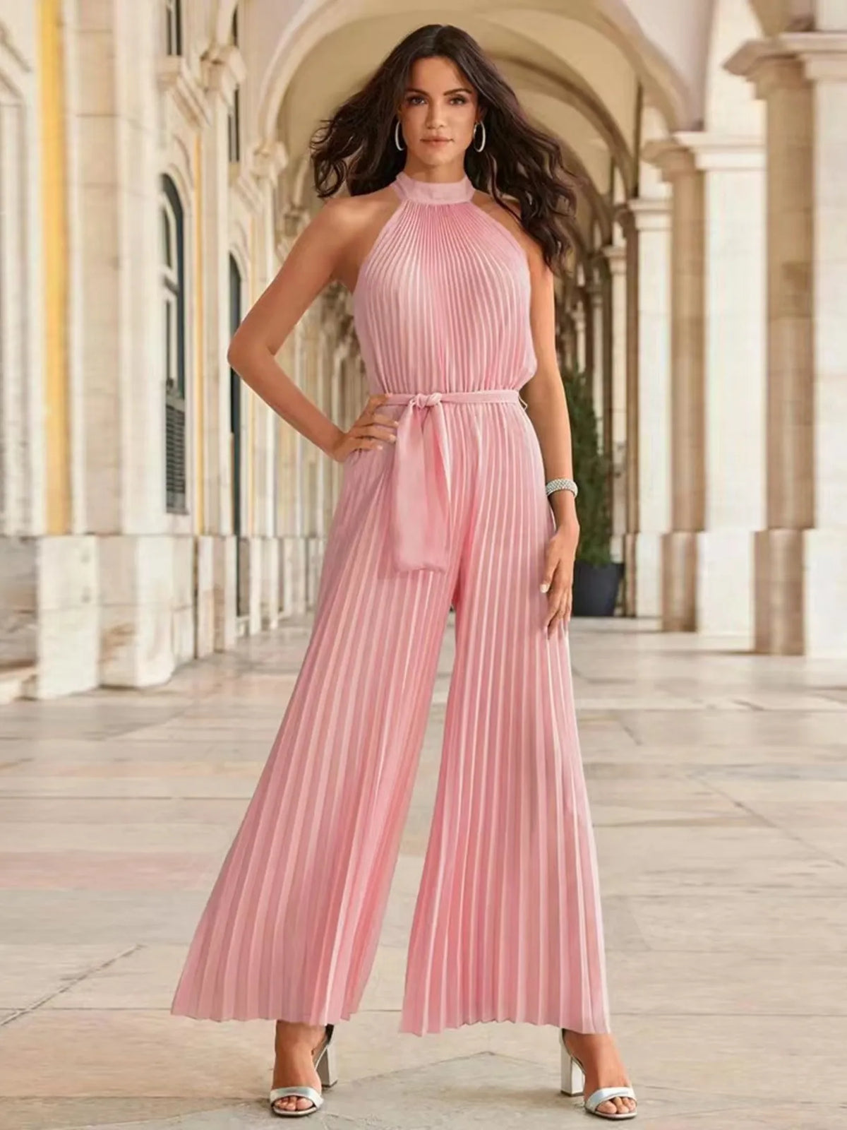 Pleated Sleeveless Wide Leg Jumpsuit Jumpsuit Luxurious Weddings