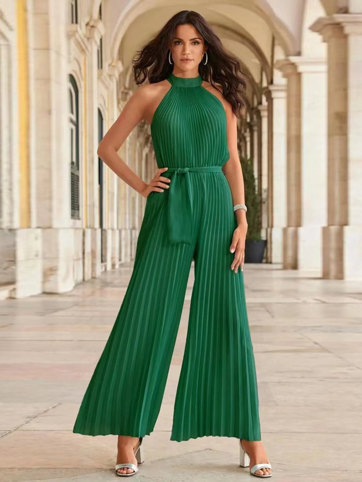Pleated Sleeveless Wide Leg Jumpsuit Jumpsuit Luxurious Weddings